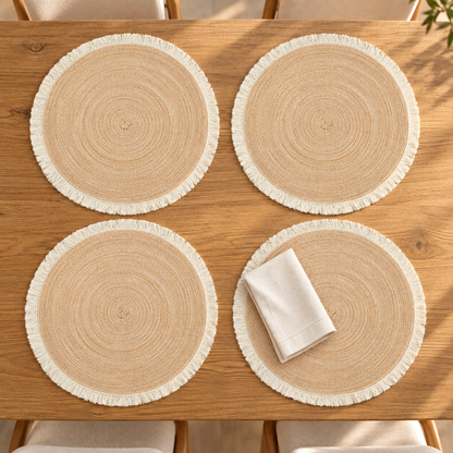 Round Fringed Placemats, Set of 4 — Beige variant