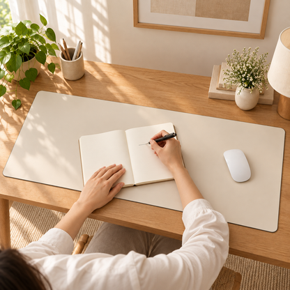 Faux Leather Desk Mat — lifestyle in use