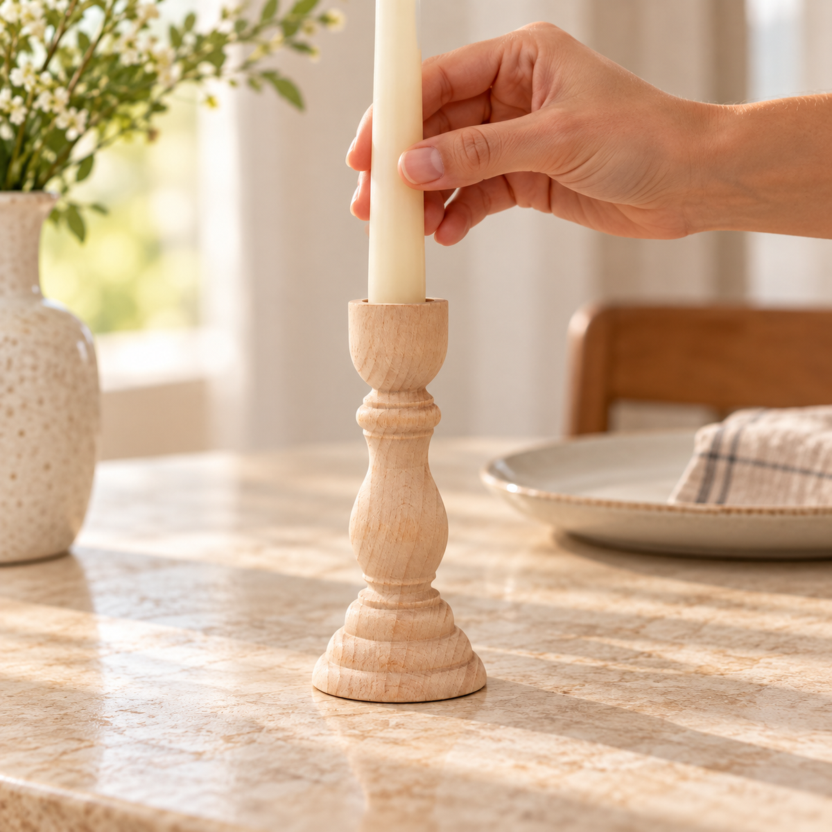 Wooden Taper Candleholder — lifestyle in use