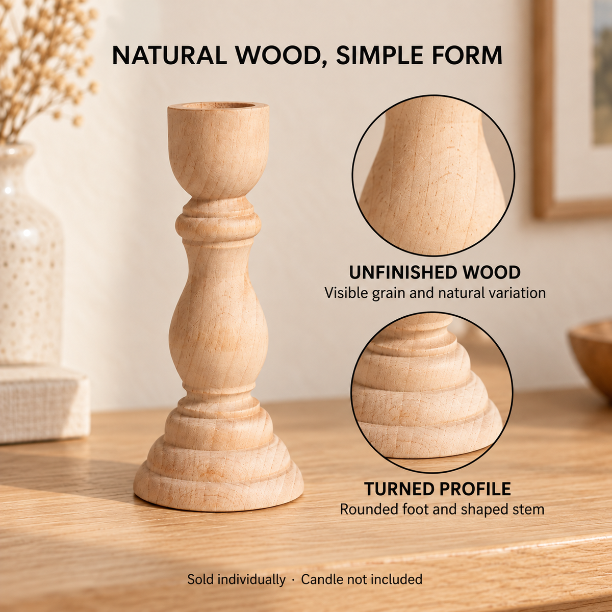 Wooden Taper Candleholder — infographic details