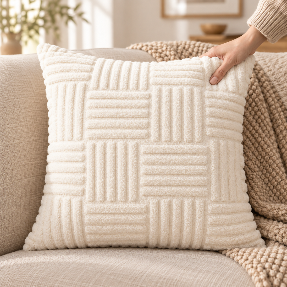 Textured Plush Throw Pillow Cover — lifestyle in use