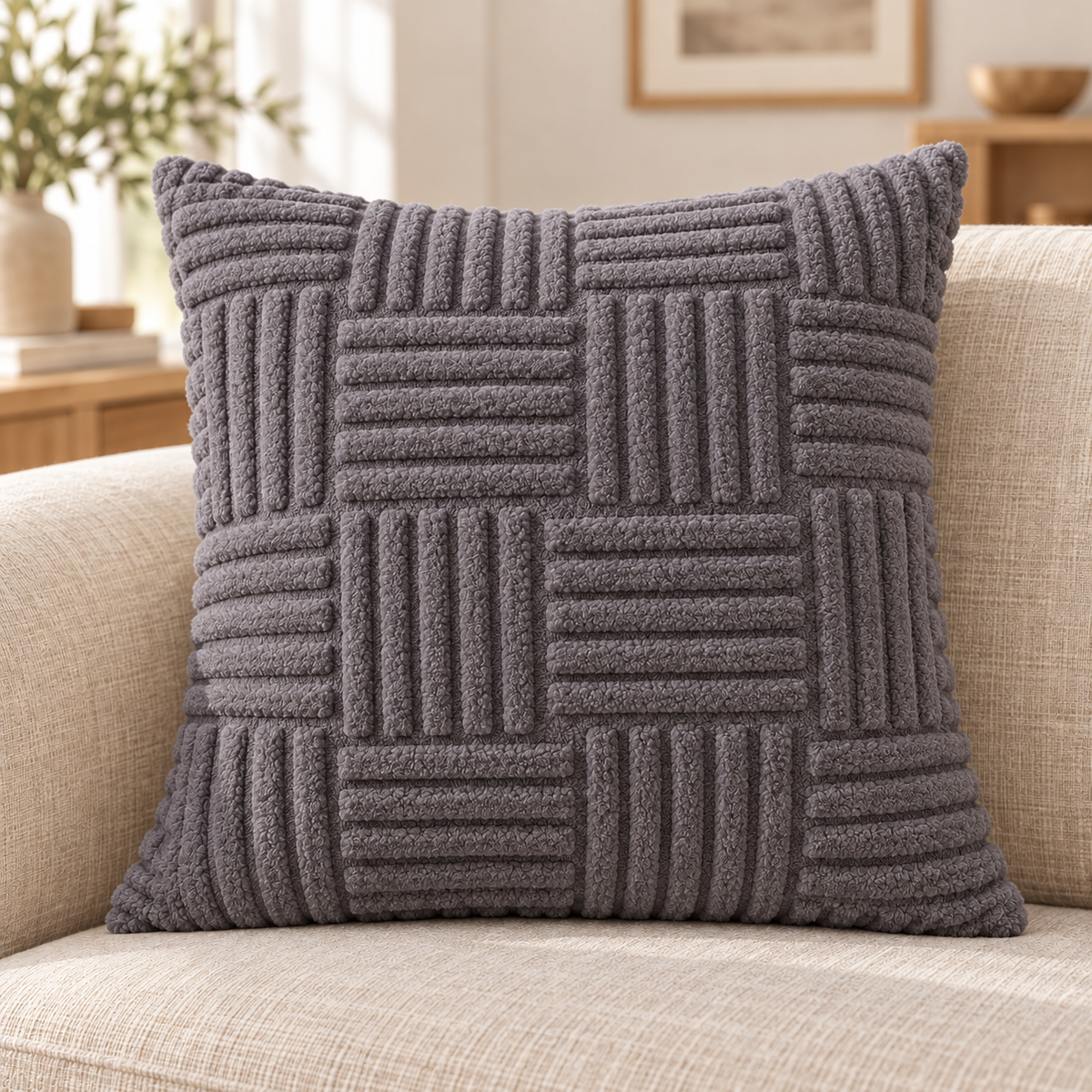 Textured Plush Throw Pillow Cover — Gray variant