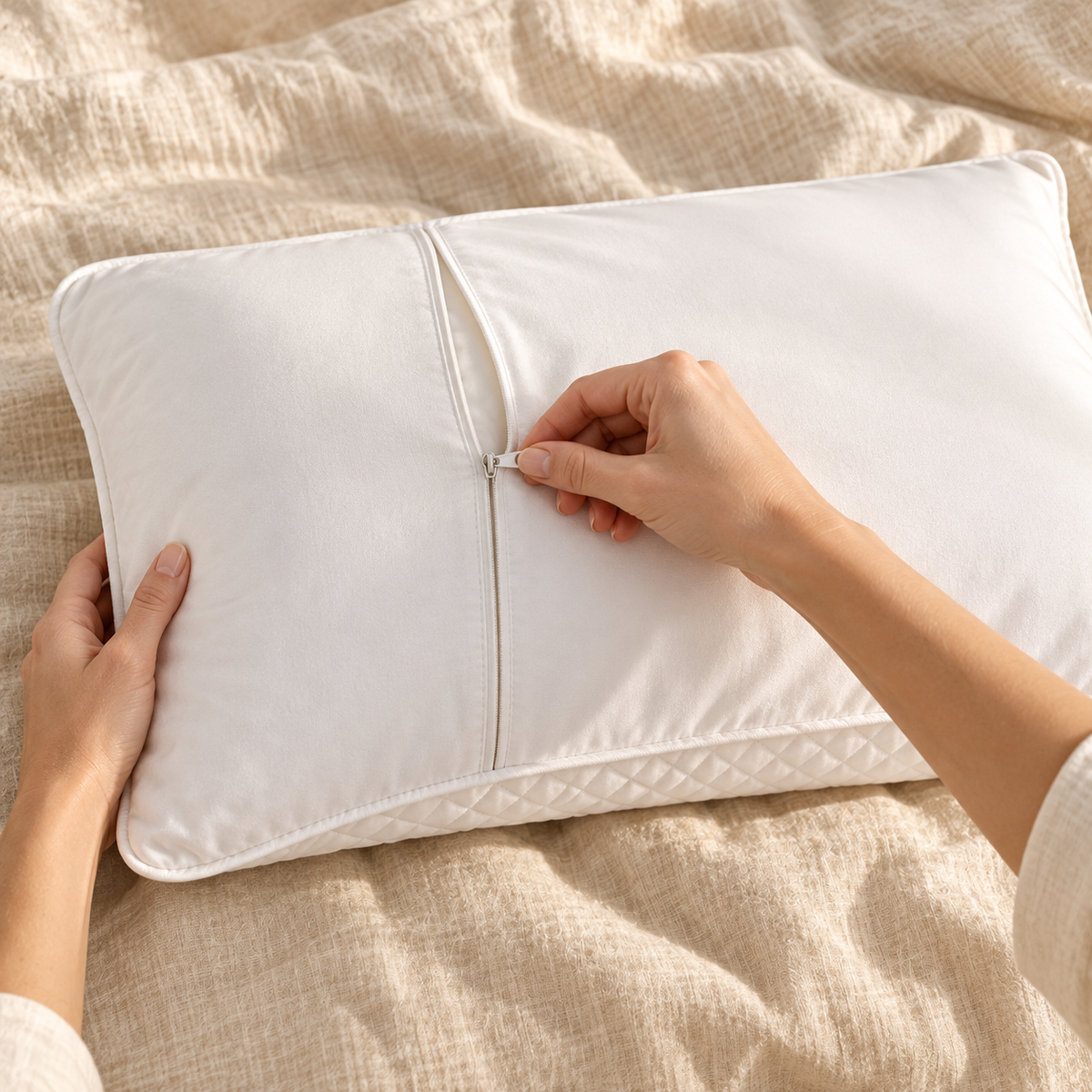 Quilted Zip Pillow Protector — lifestyle in use