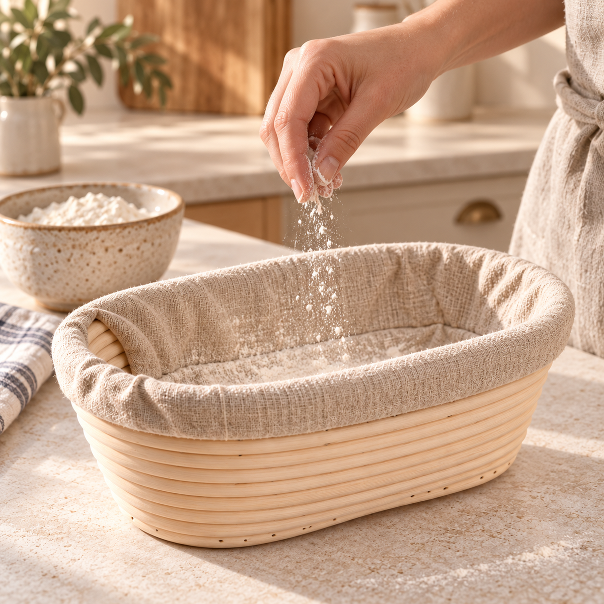 Rattan Banneton Basket with Liner — lifestyle in use