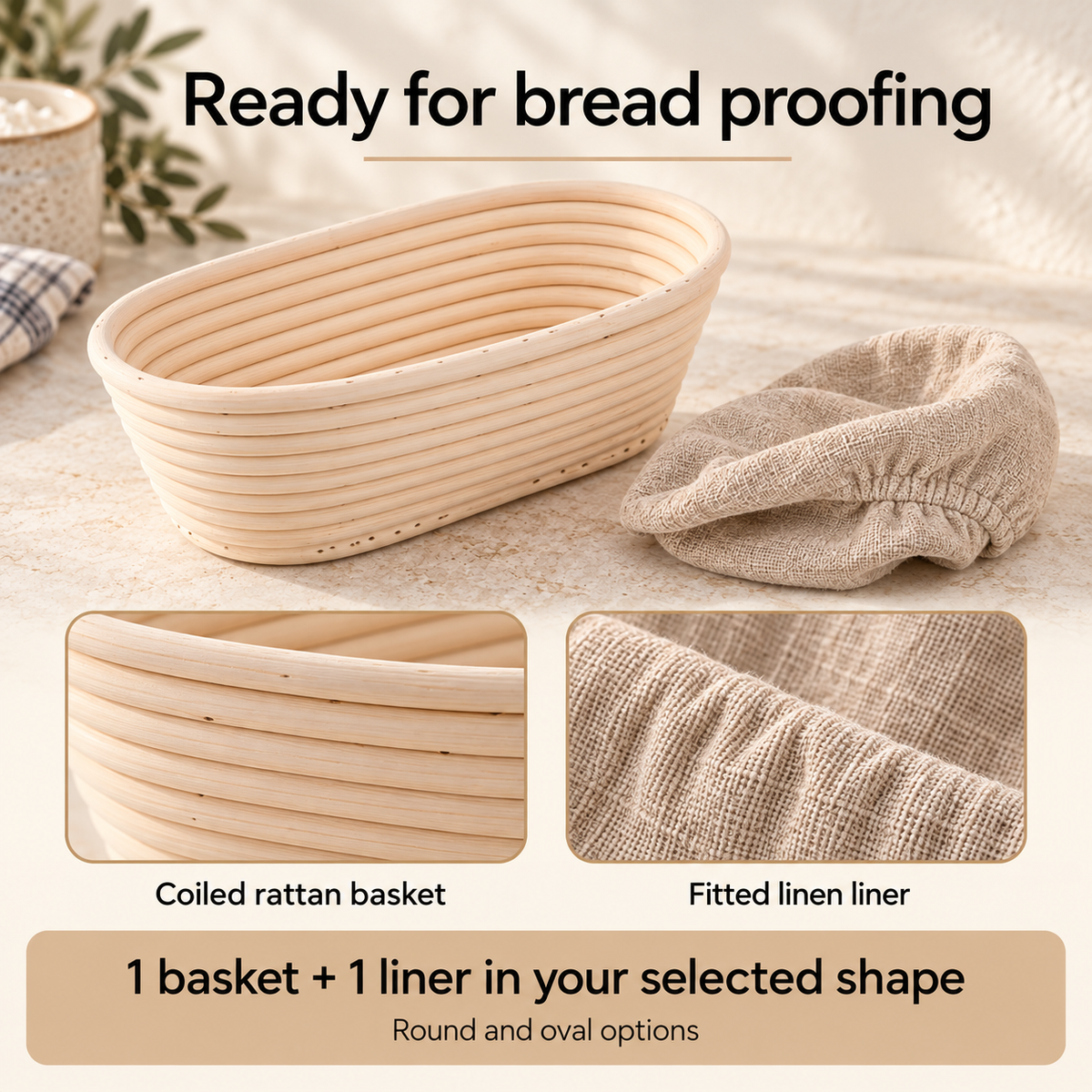 Rattan Banneton Basket with Liner — infographic basket and liner