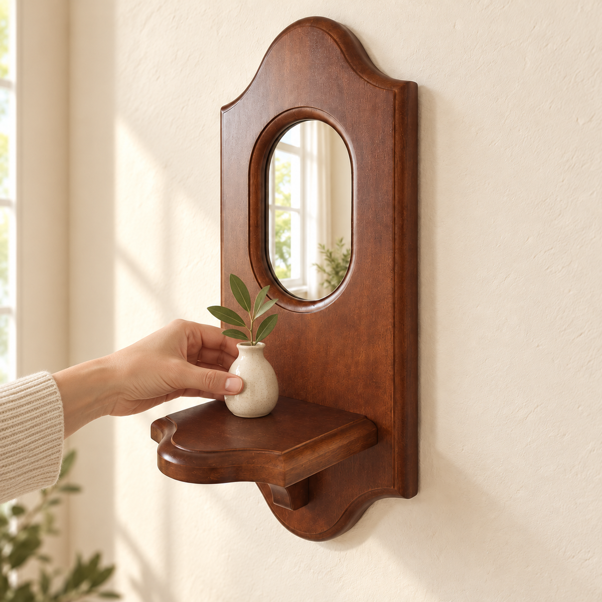 Mirrored Wooden Wall Shelf — lifestyle in use