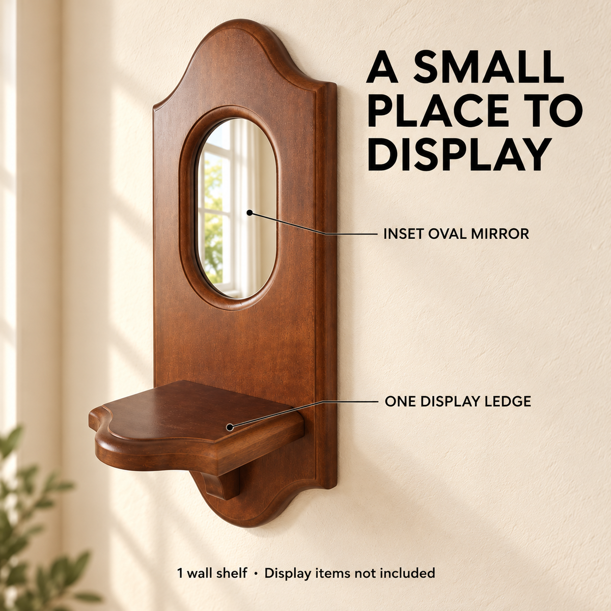 Mirrored Wooden Wall Shelf — infographic details