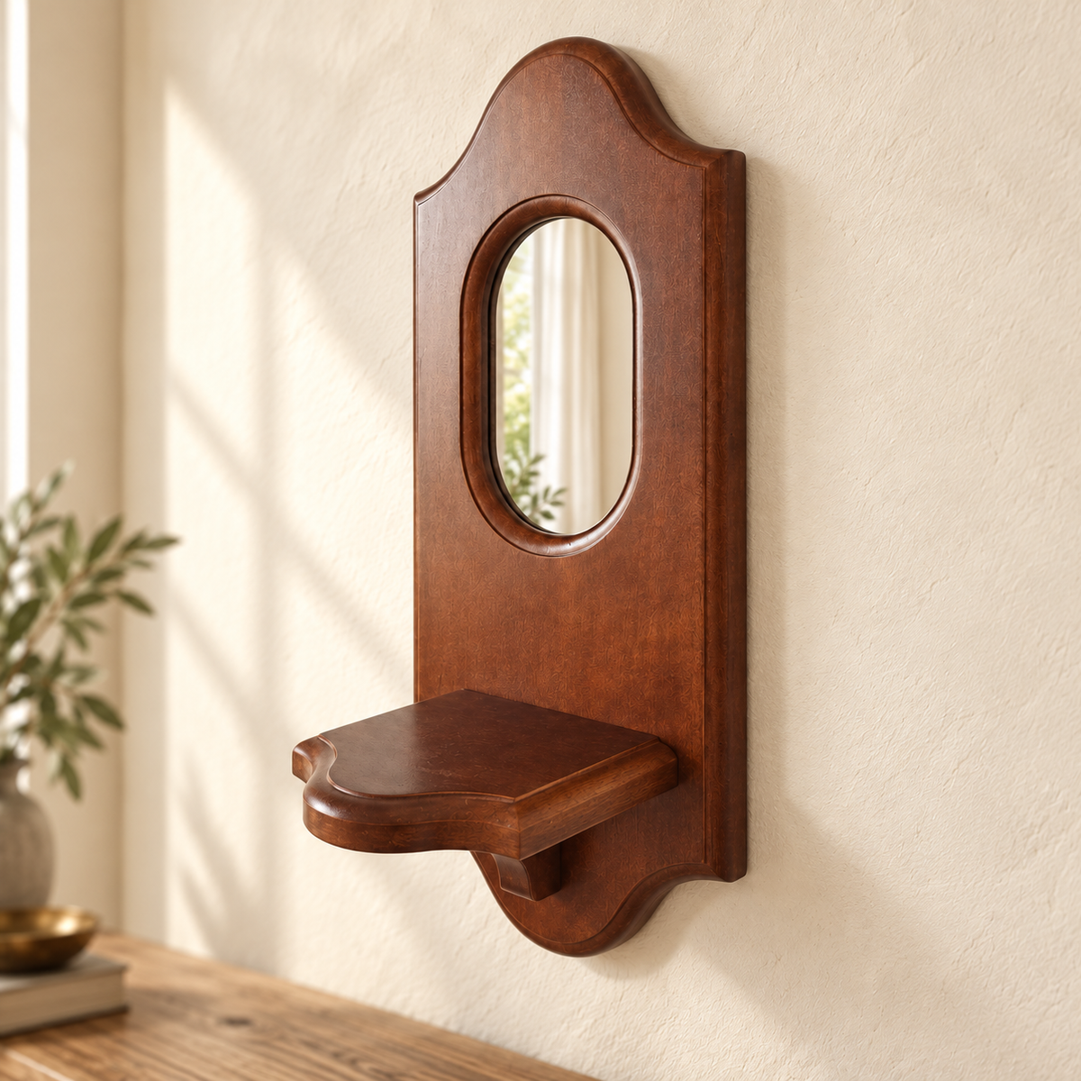 Mirrored Wooden Wall Shelf — Dark Brown variant