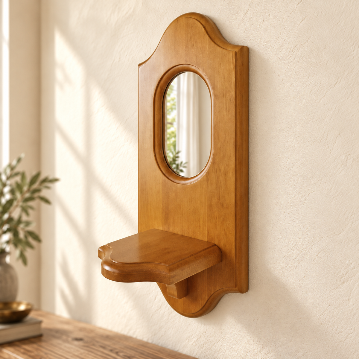 Mirrored Wooden Wall Shelf — Light Brown variant