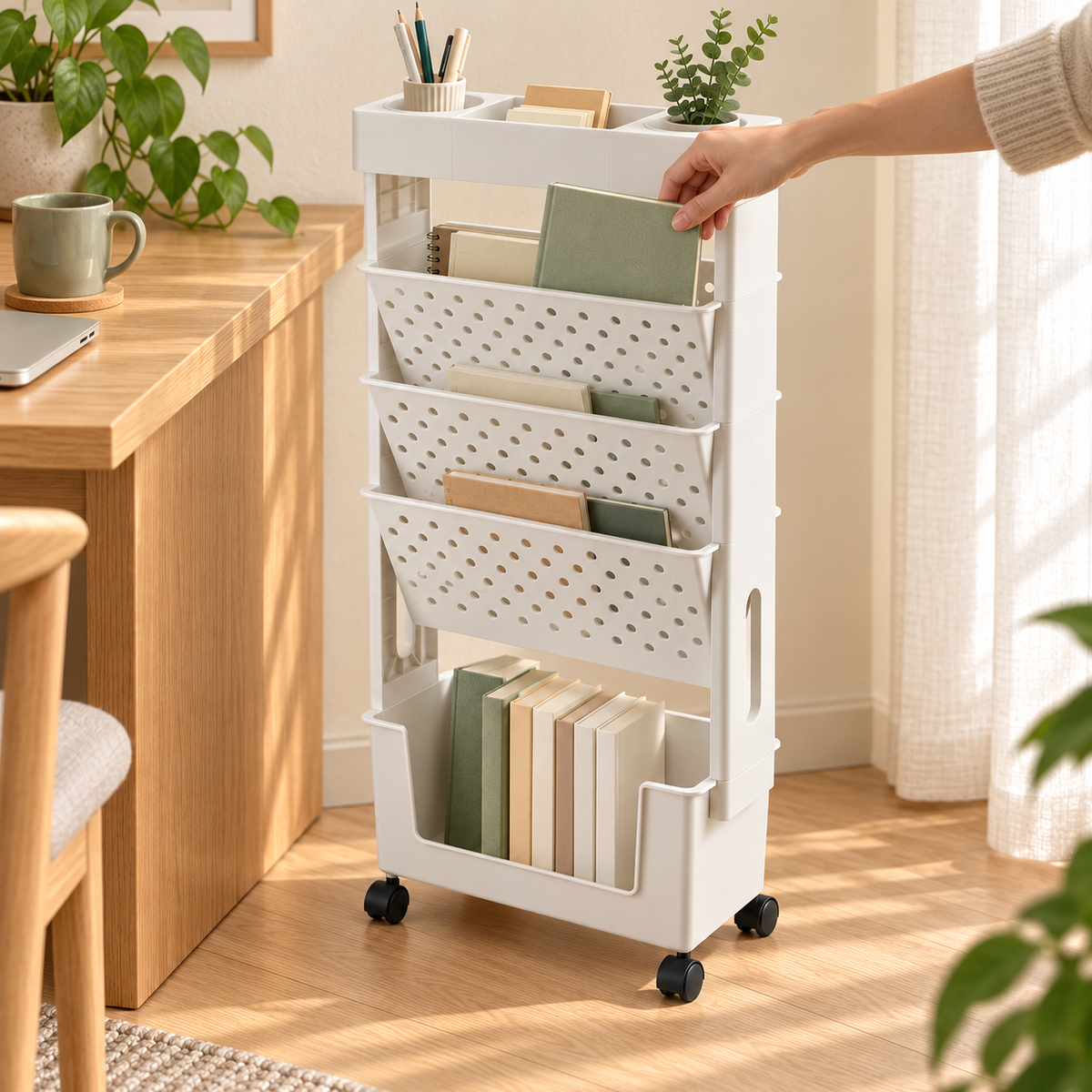 5-Tier Rolling Bookshelf — in use
