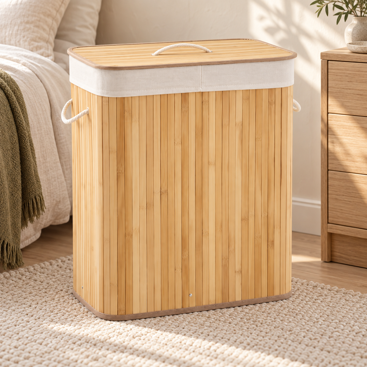 Natural bamboo laundry hamper with lid in a warm neutral bedroom