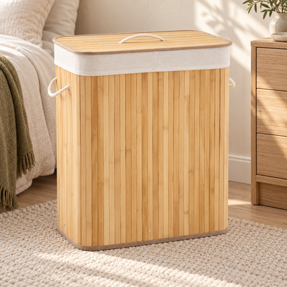 Natural bamboo laundry hamper with lid in a warm neutral bedroom