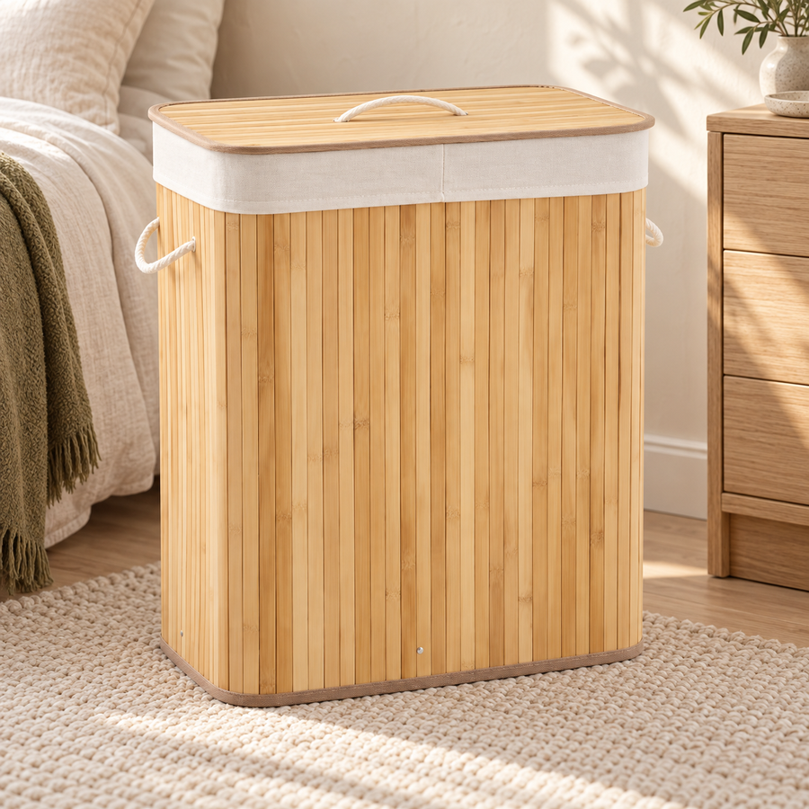 Natural bamboo laundry hamper with lid in a warm neutral bedroom