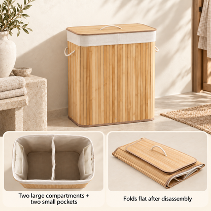 Four-section laundry sorter and folded bamboo hamper