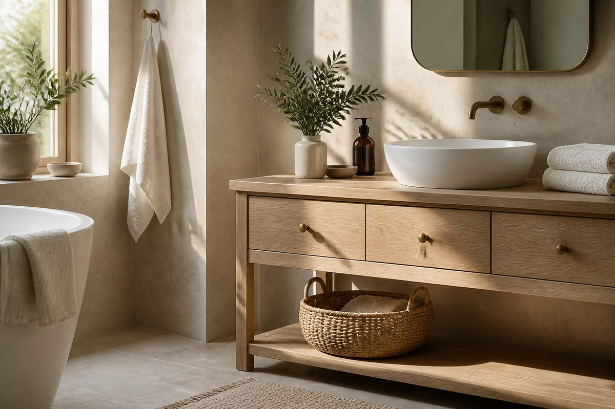 Warm bathroom with pale oak vanity, white sink, towels, soap dispenser and woven storage