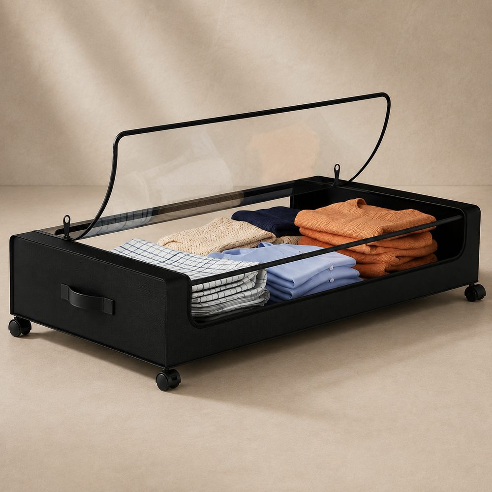 Single under-bed storage organizer filled with folded clothes