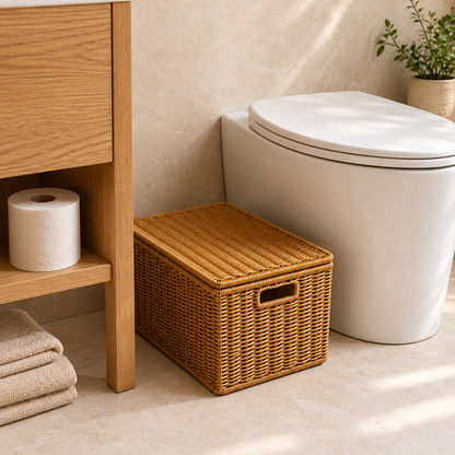 Woven lidded storage basket beside a bathroom vanity and toilet