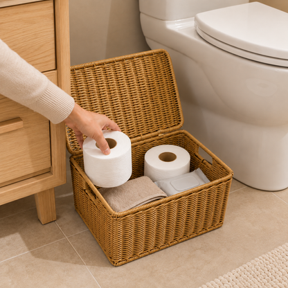 Open woven bathroom basket storing toilet paper and towels