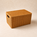 Woven lidded bathroom storage basket in natural tan