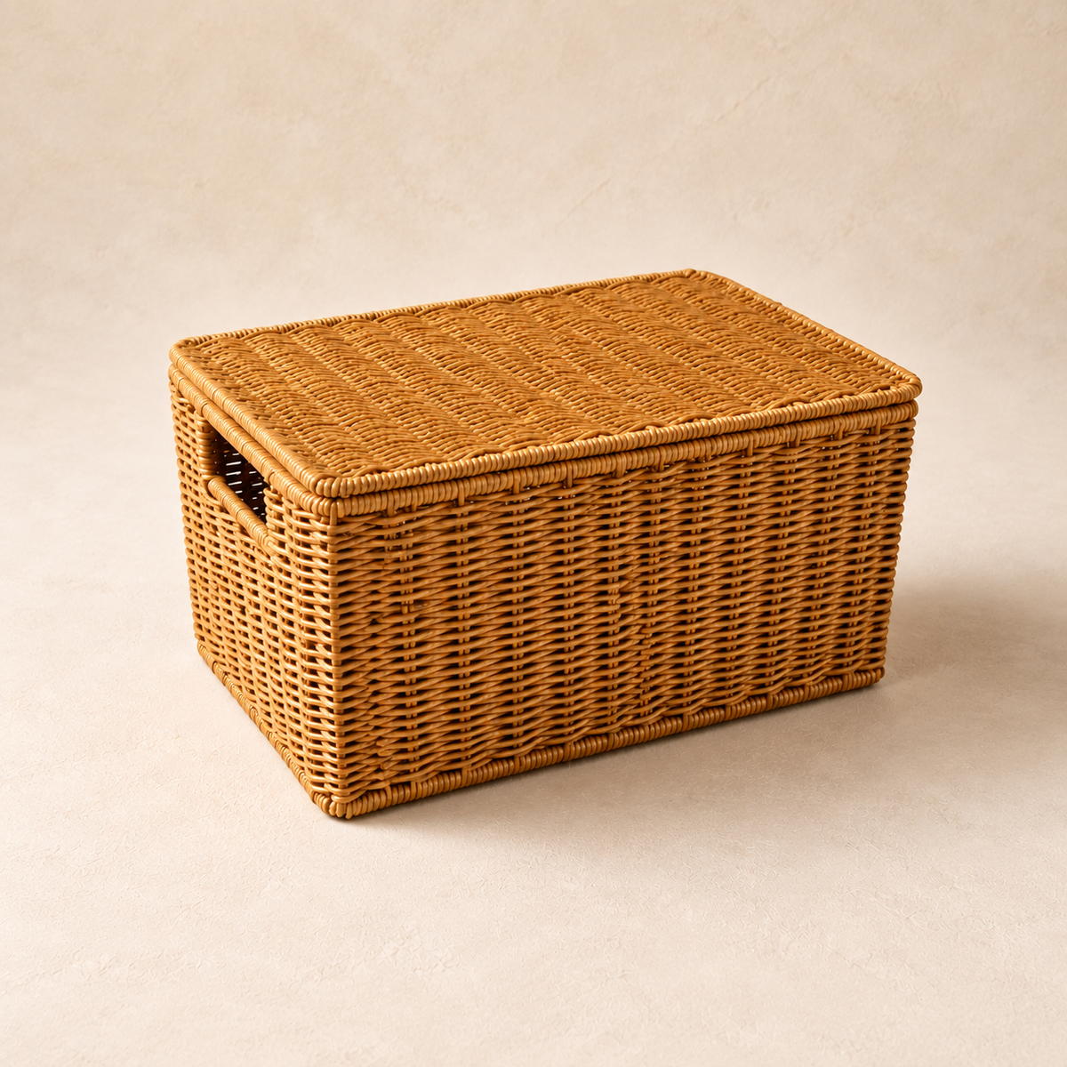 Woven lidded bathroom storage basket in natural tan