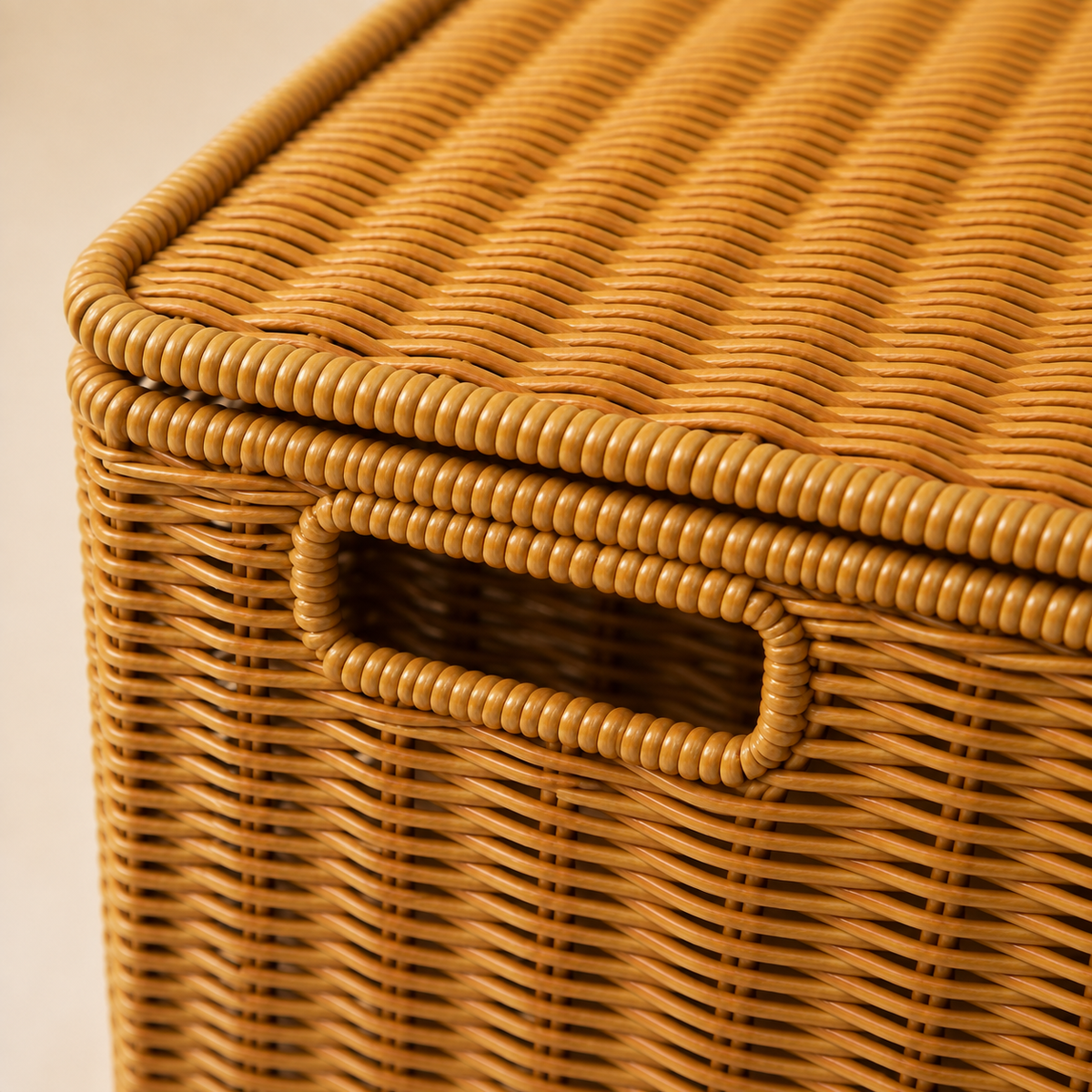 Close detail of woven basket lid and cutout handle